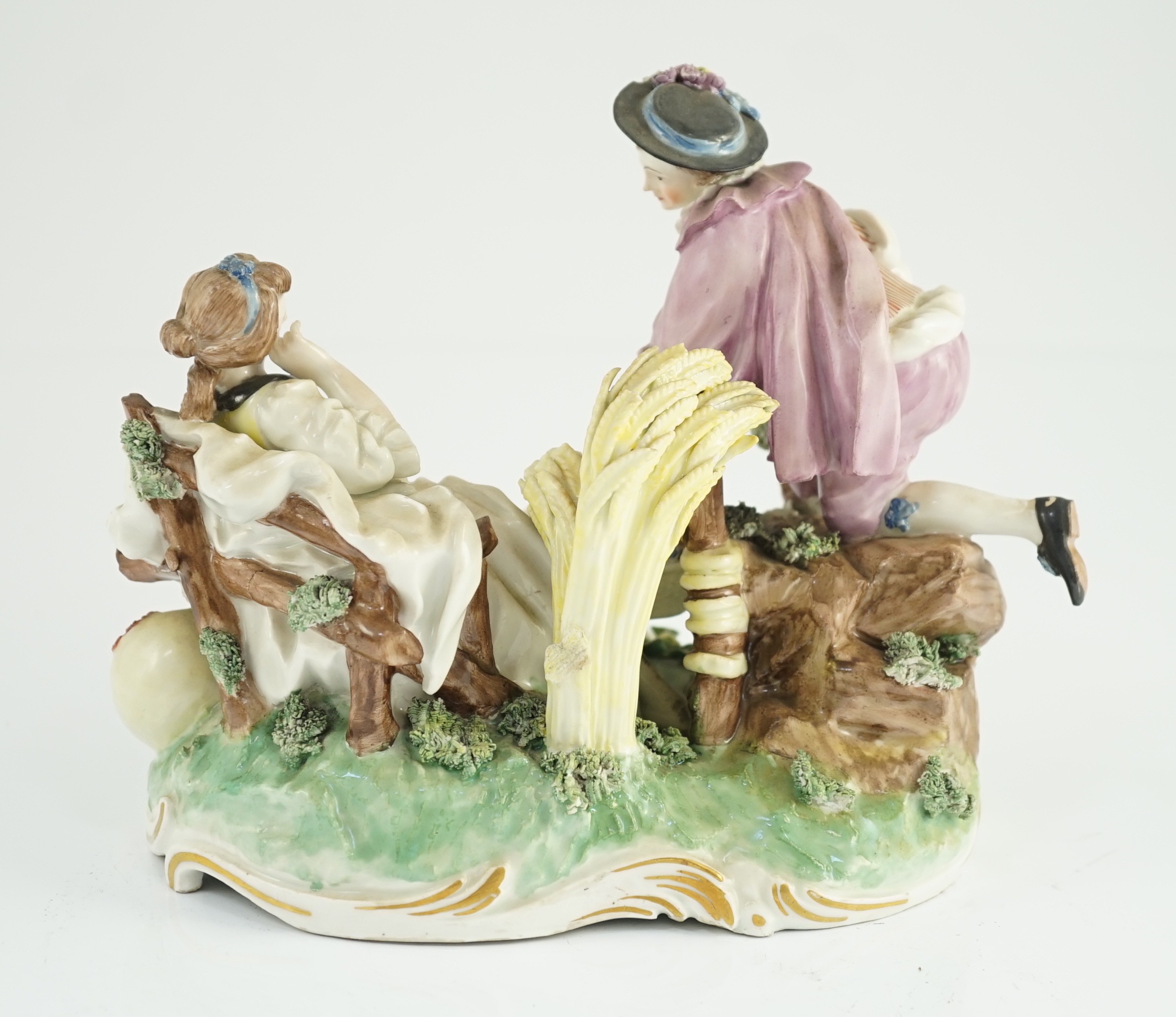 A Frankenthal porcelain bucolic group of two lovers, c.1777, 18cm high, 20.5cm wide, small typical losses, Provenance - purchased from Winifred Williams, Eastbourne/London before 1970.